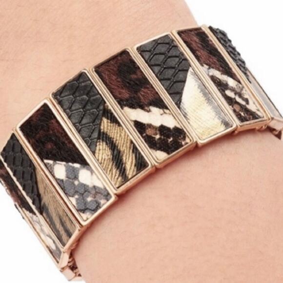 Gold Tone Stretchy Animal Faux Leather Cuff Bangle Bracelet - Picture 12 of 12